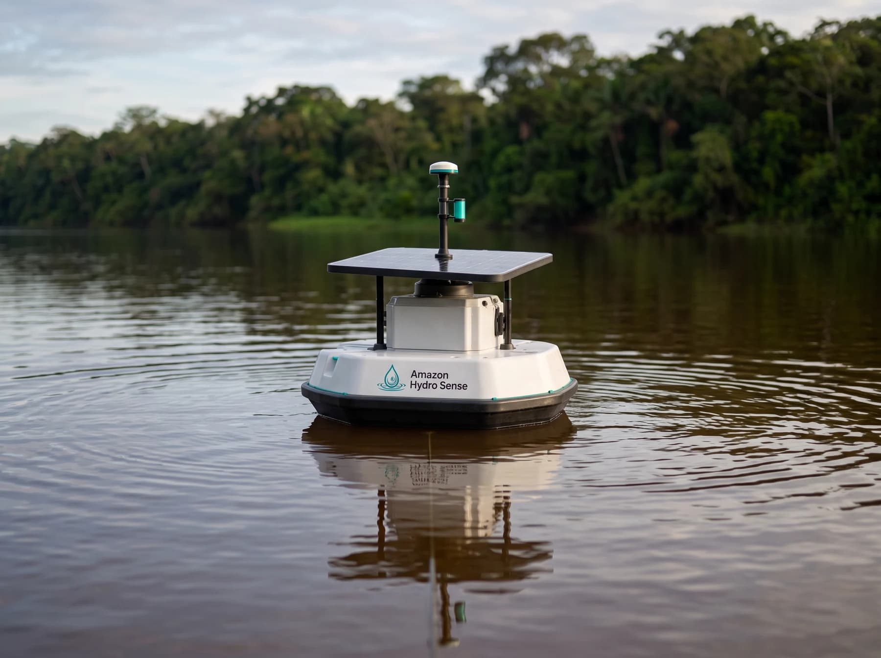 An Amazon Hydro Sense buoy floating upright on a calm river, solar panel and antenna mast above the hull, rainforest bank behind
